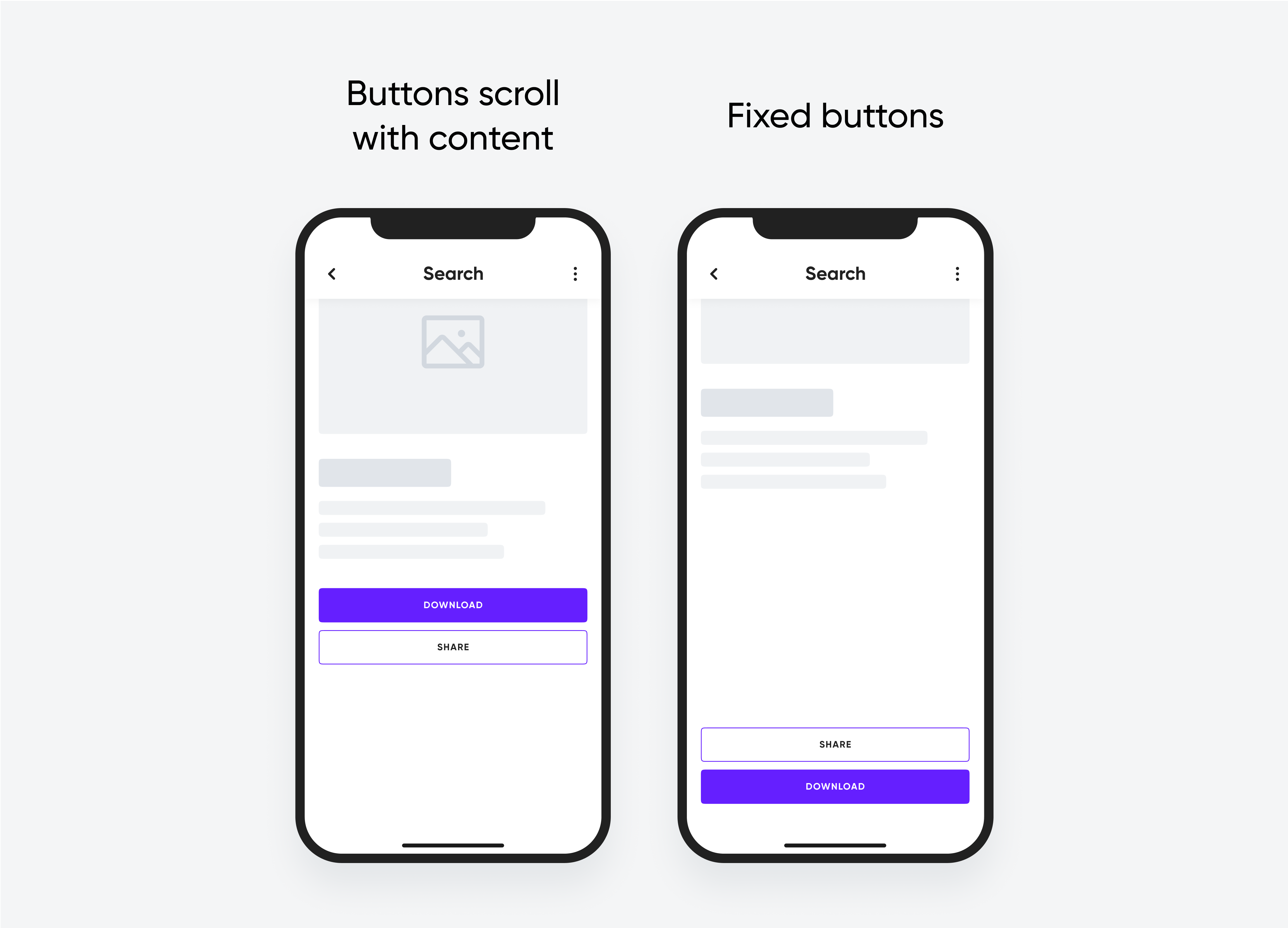 Two mobile screens showing the button position difference, one with scrolling buttons and another with fixed buttons.