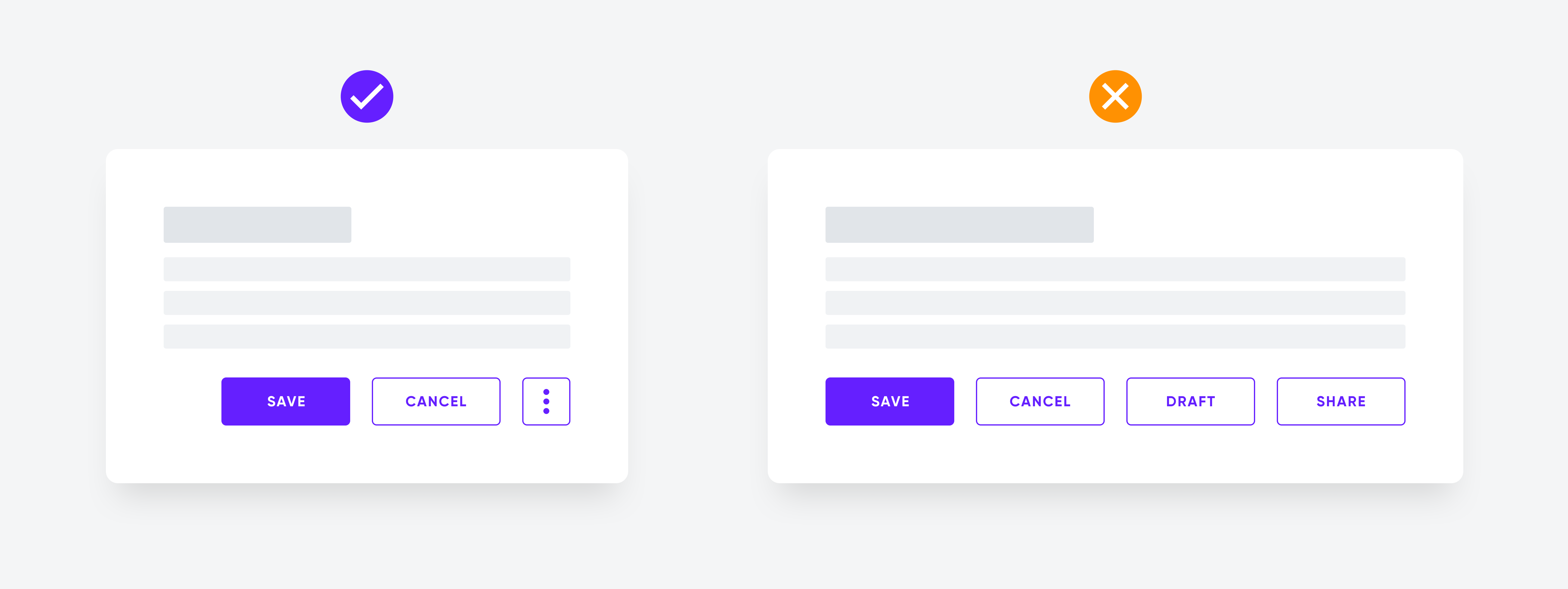 Two modal designs: one with primary and secondary buttons and three-dot menu; other with four buttons in a row. 