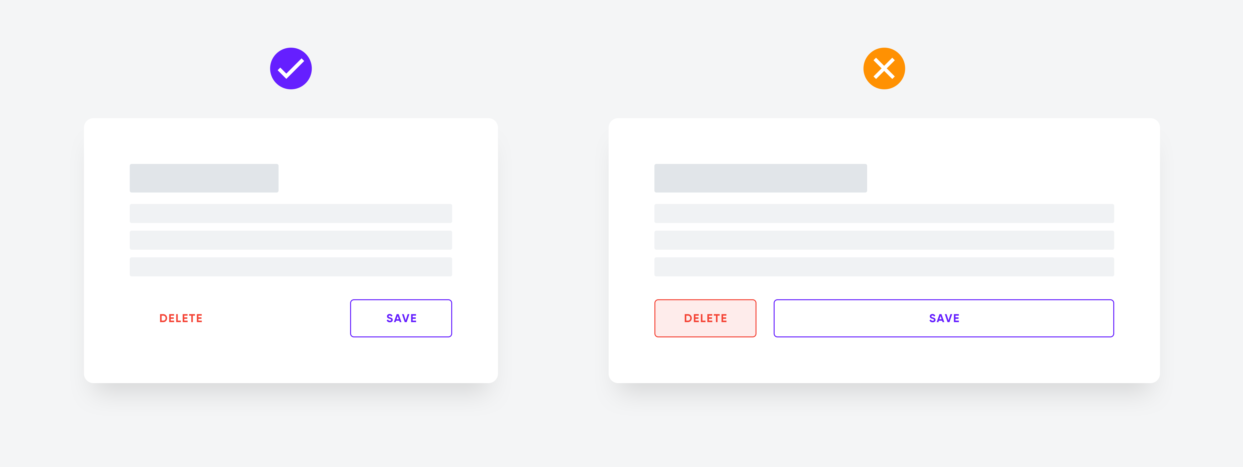 Two modal designs: one with destructive “Delete” button placed further from the primary; other with two buttons placed close. 