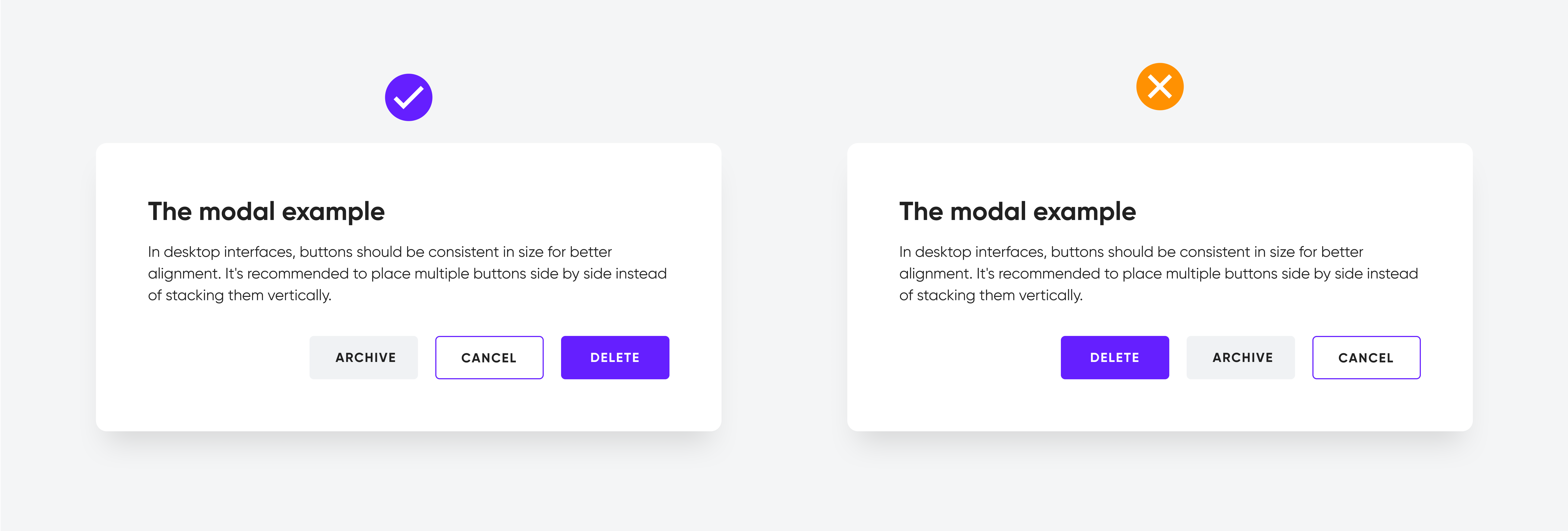 Two modals; left with correct button order (Archive, Cancel, Delete), right with incorrect order (Delete, Archive Cancel).