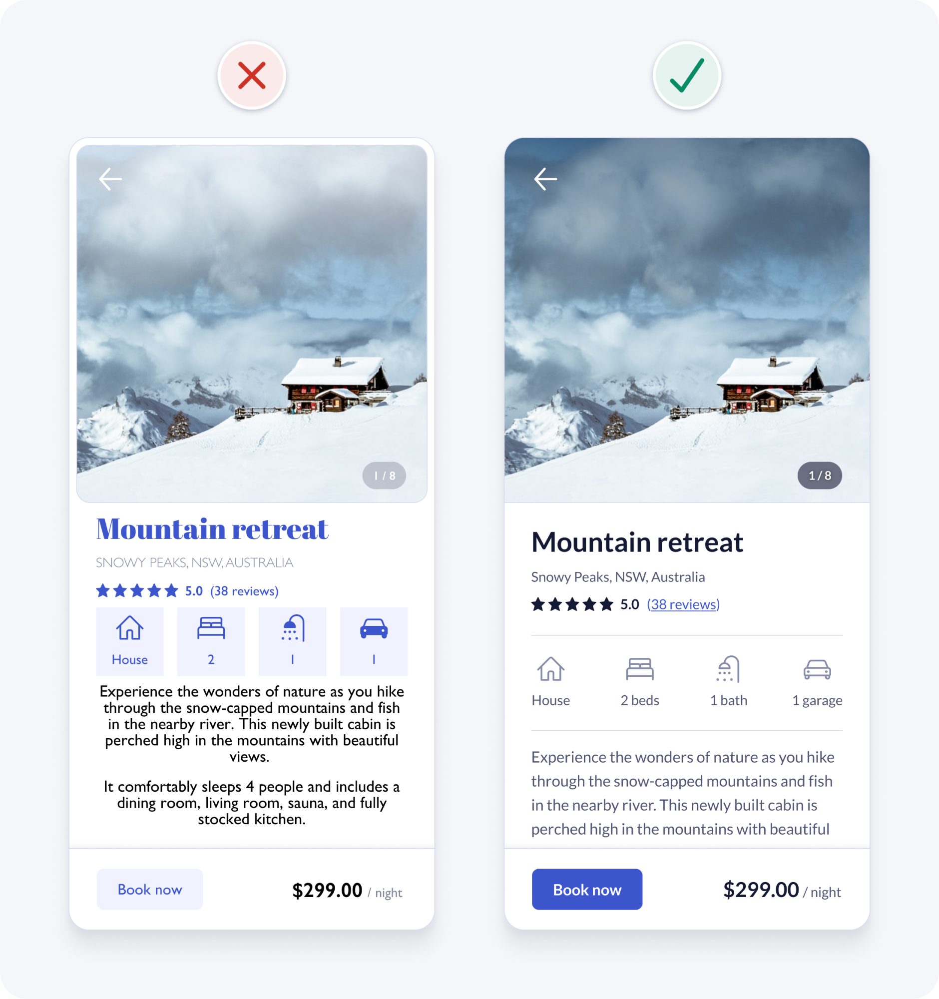 Two mockups of booking app interfaces – one with a legible and accessible typeface, the other with an illegible and inaccessible typeface.