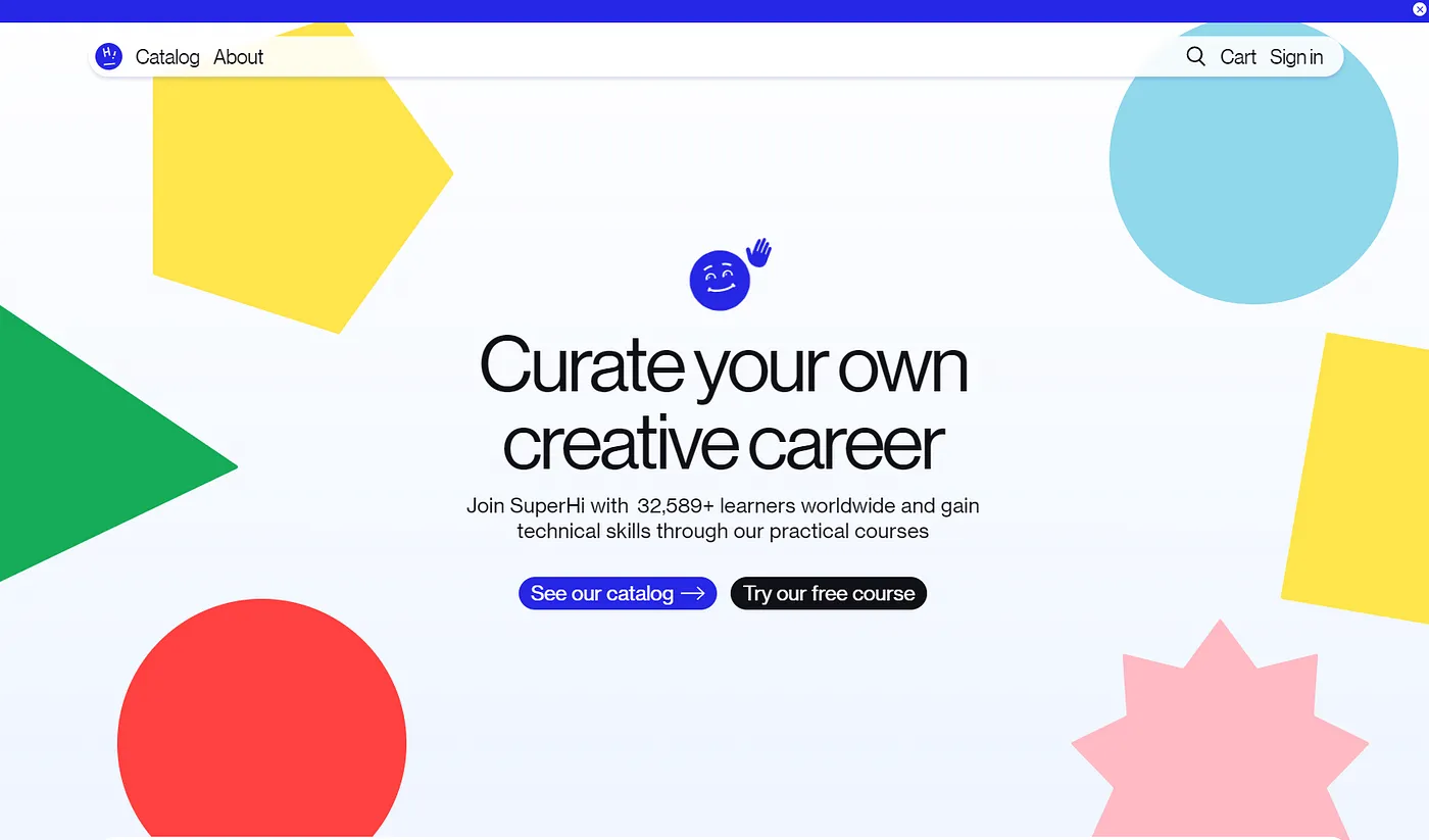 Webpage with the text "Curate your own creative career" surrounded by colorful geometric shapes.