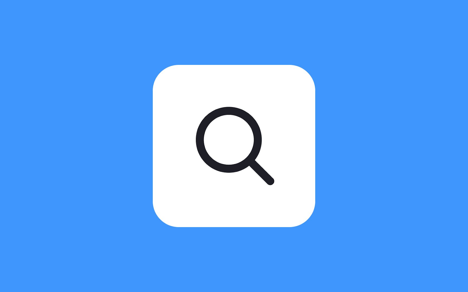 A search icon represented by a black magnifying glass inside a white rounded square, set against a blue background.