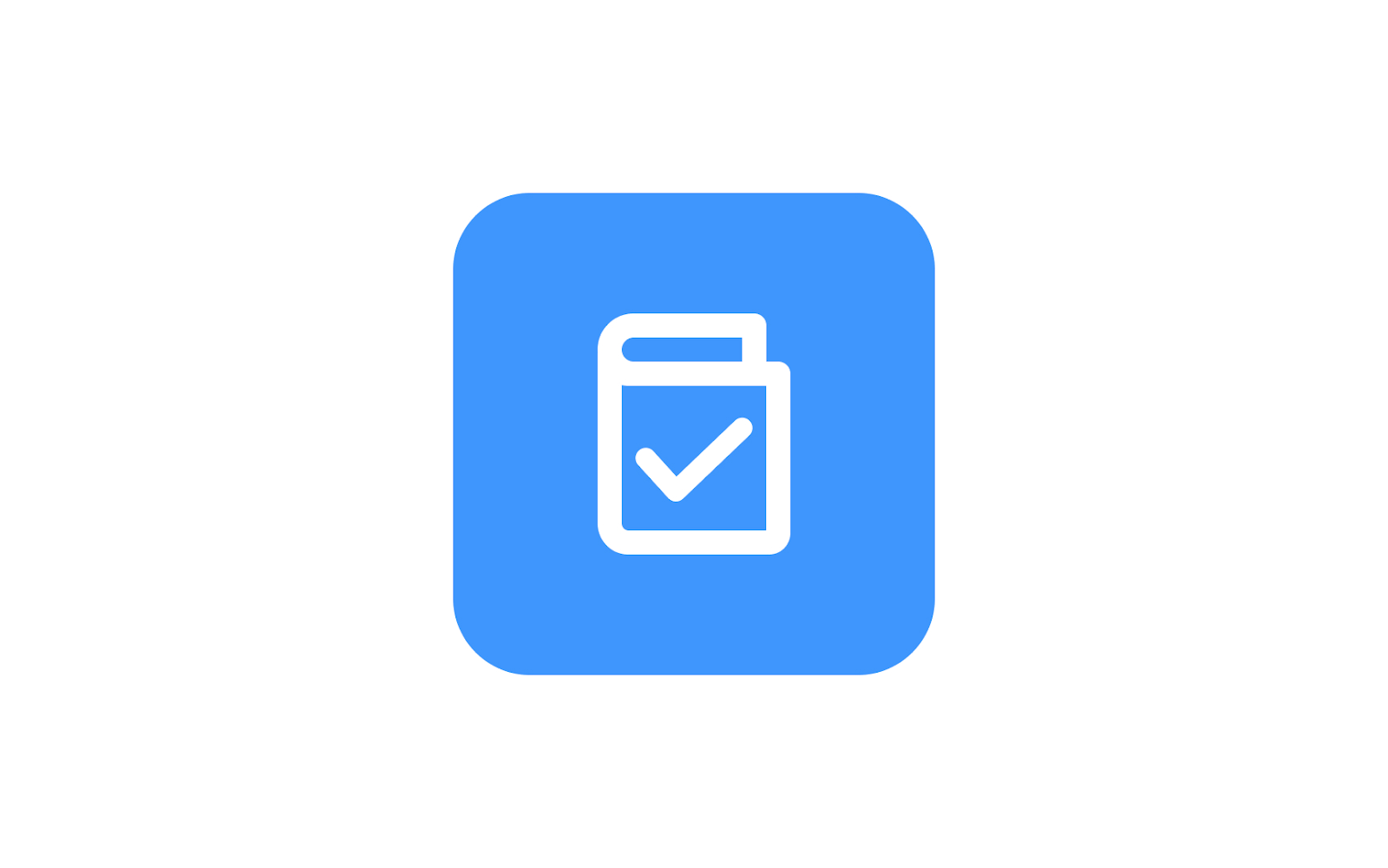 A checklist icon with a white document and a checkmark inside a blue rounded square, set against a white background.