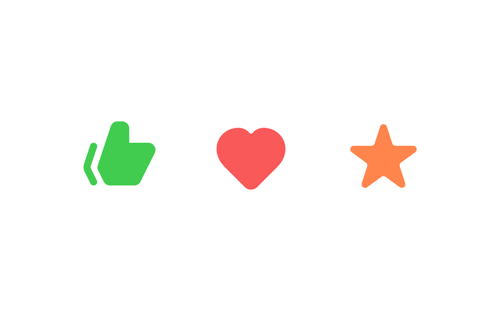 A row of three colored icons: a green thumbs-up, a red heart, and an orange star, all in a minimalist style.