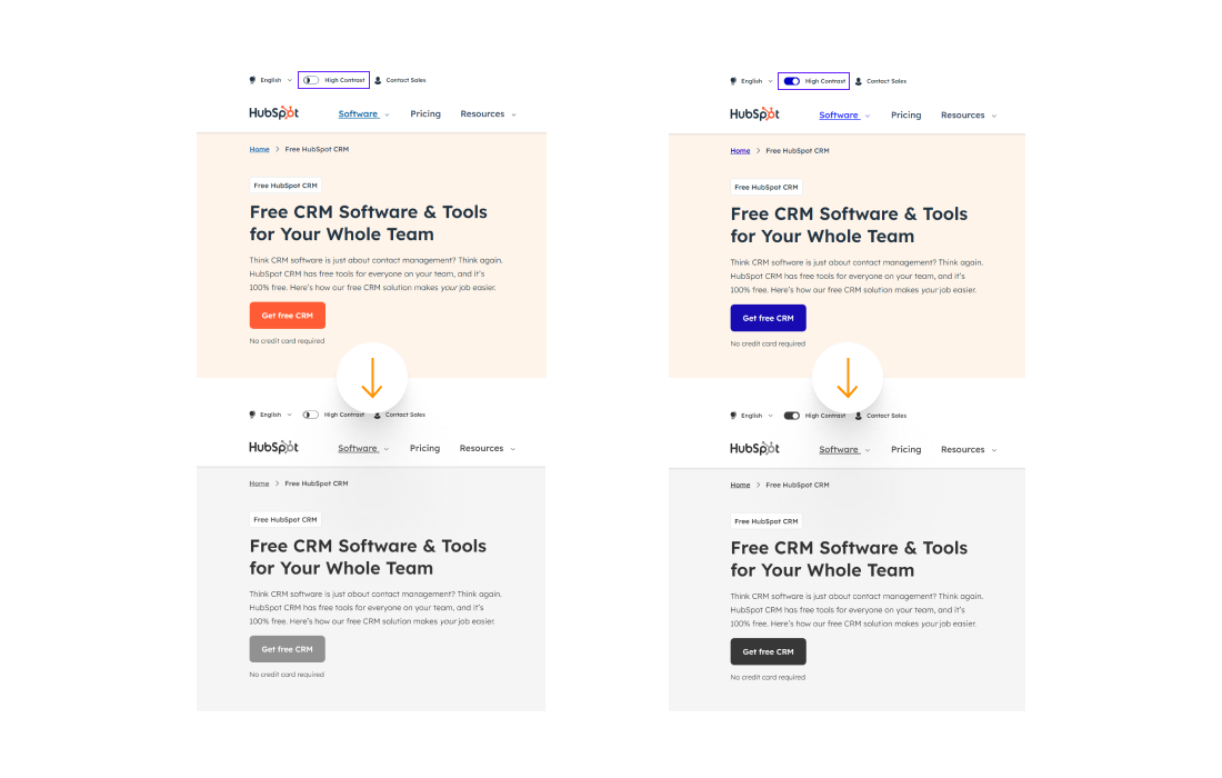 HubSpot's CRM software in light and high contrast modes, showcasing accessibility options for visually impaired users.