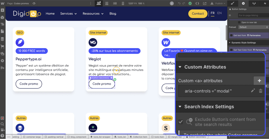 Webflow editor showing button custom attributes and search index settings for a coupon code button.