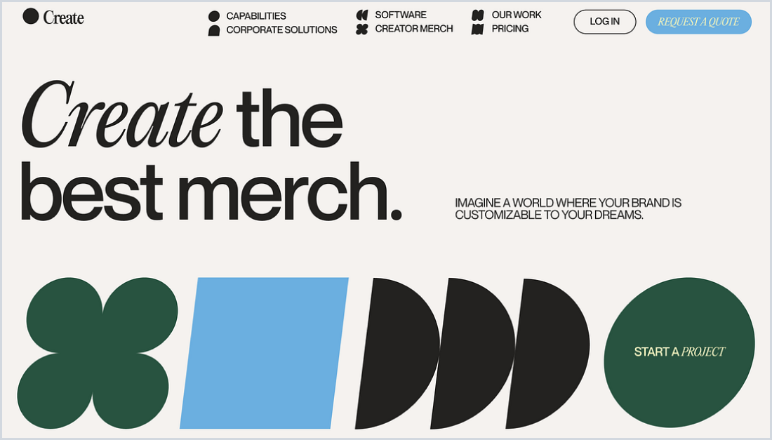 A website advertises a service to create the best merchandise with a minimalist design and a "Start a project" button.