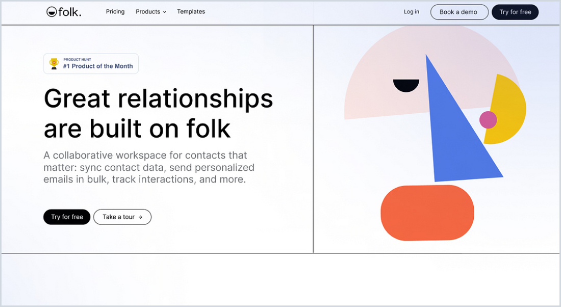 Web page for Folk, a collaborative workspace for contacts. Features headline "Great relationships are built on folk" and abstract graphic design.