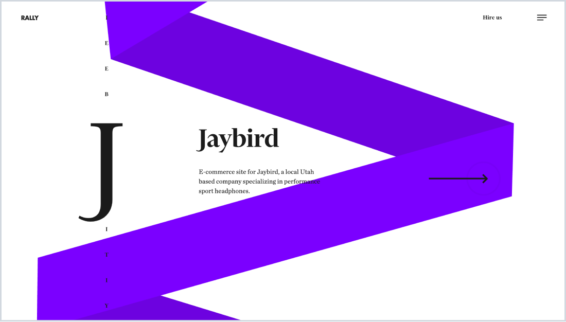 Jaybird eCommerce site with a large 'J' and a bold purple ribbon-like shape, featuring a right-pointing arrow.