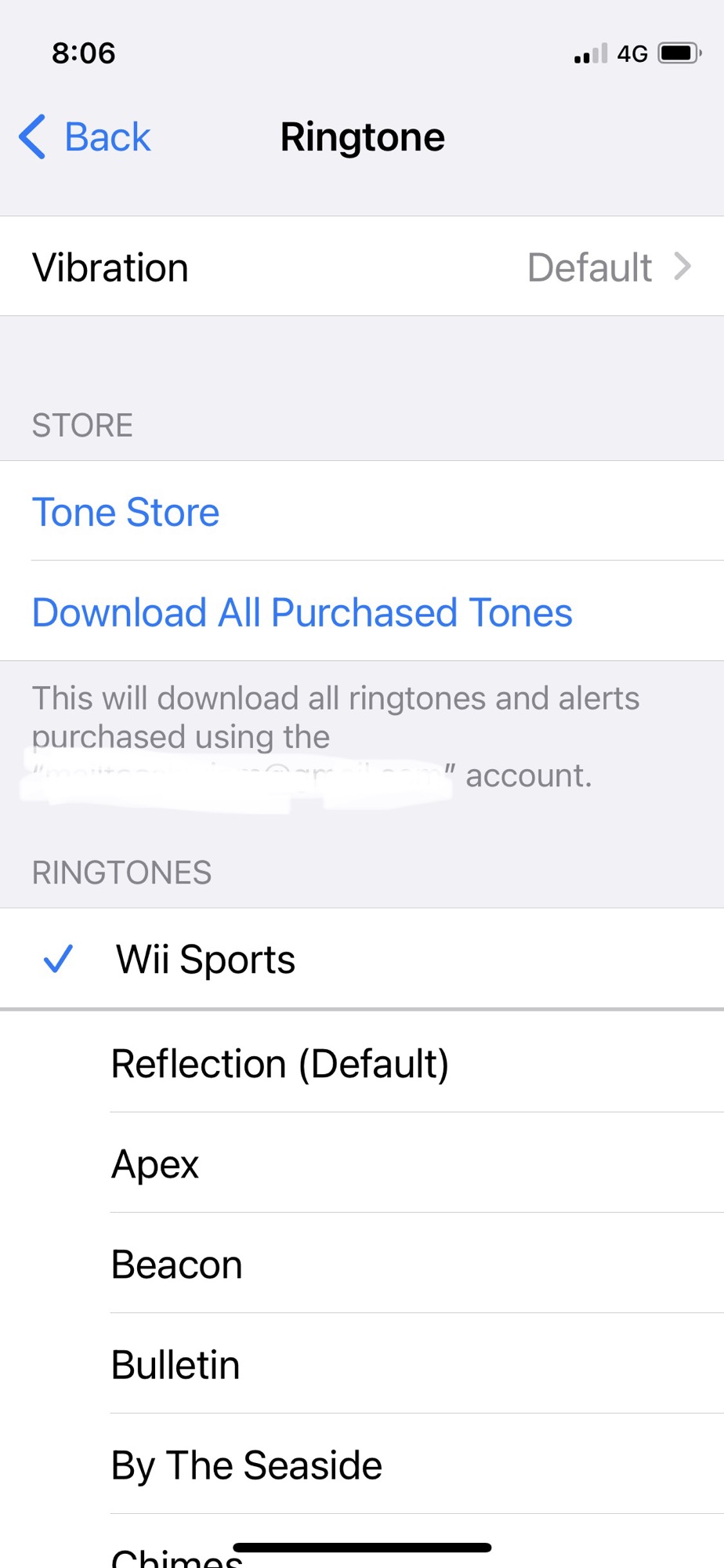 A ringtone settings screen with options like "Vibration," "Tone Store," and ringtones such as "Wii Sports" (selected), "Reflection," "Apex”.